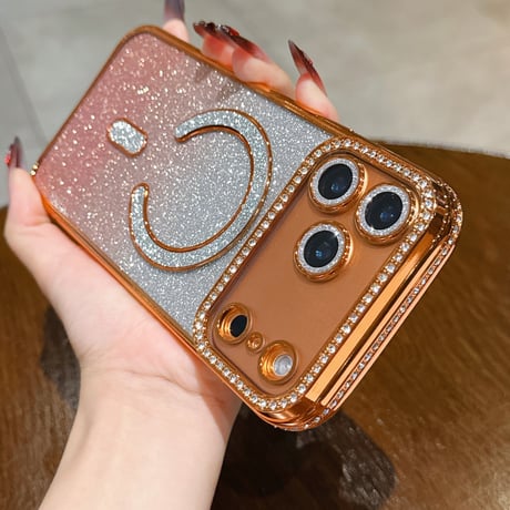 MagSafe対応 ラインストーン iPhone18Pro/18ProMaxケース グラデーションラメ iPhone17Pro/16ケース カメラ保護レンズ一体型 [M6816]