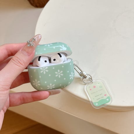 AirPods 5/4ケース 小花柄 ドット柄 AirpodsPro3/Pro2 薄グリーン チャーム/カラビナ付き 韓国風 パステルカラー フレンチフラワー[M6803]