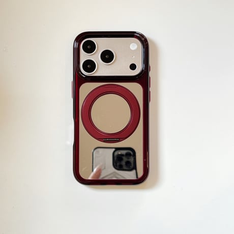 バーガンディ ミラー付き iPhone18Pro/18ProMaxケース リングスタンド一体型 iPhone17/16Pro/15カバー  メイク直しも動画視聴もこれ1つ [M6850]