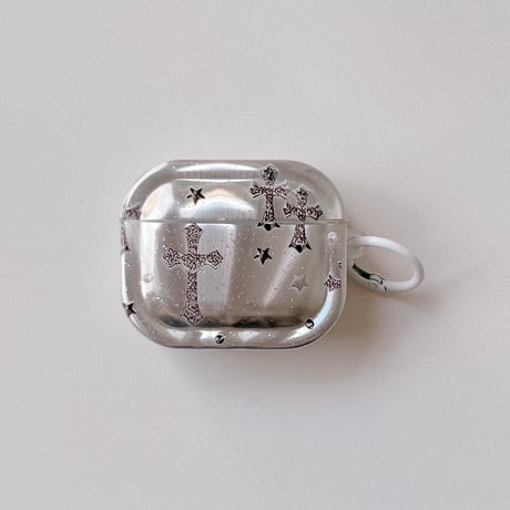 Airpods 5ケース クロス＆スターデザイン オーロラ Airpodspro3/2/カバー 大人可愛い Airpods4/3  ラメ入り・リング付き[M6864]