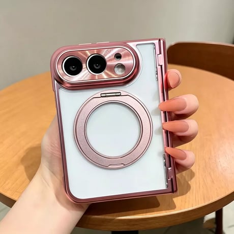 iPhone Duo専用ケース 強化ガラスフィルム一体型 360°回転リングスタンド付き  ヒンジ保護 MagSafe対応 メッキ 高透明 耐衝撃 黄ばみにくい [M6845]