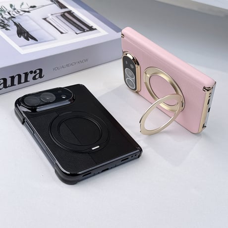 iPhone Duoケース 高級レザー 360度回転スタンド カメラレンズ保護カバー付  Magsafe対応 ヒンジ保護  メッキフレーム  [M6901]