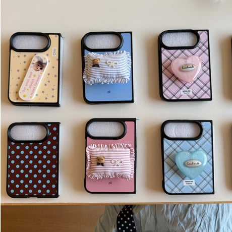 iPhone Duo 専用ケース 水玉ドット チェック 星柄 ハート/枕グリップ付き 韓国っぽ 大人可愛い  耐久性ある[M6839]