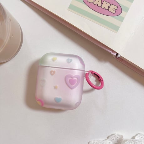 パステルハート Airpods Pro3ケース マット半透明 Airpods4/3カバー pro2/pro1 カラフルハートチャーム・カラビナ付き[M6737]