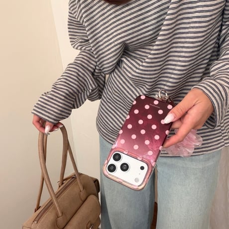 ドット柄 グラデーション iPhone18Pro/18ProMaxケース バーガンディに合う iPhone17Pro/16/15ProMaxカバー オーガンジーストラップ[M6774]