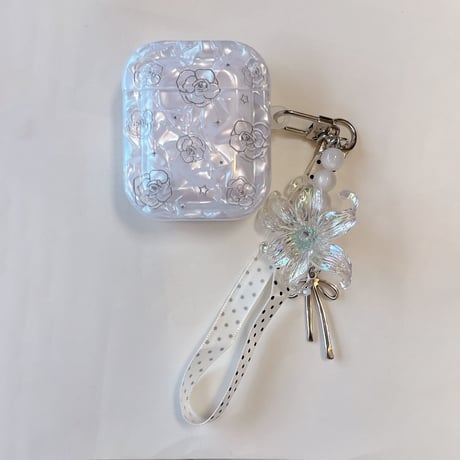 シェル風薔薇柄 Airpods Pro3ケース 花キーホルダー付 Airpods 4/3カバー  AirpodsPro2/1  ホワイト 女子力アップ [M6683]