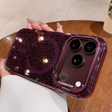 キラキラクリア MagSafe対応 iPhone18Pro/18ProMaxケース カメラスタンド付き iPhone17Pro/16ケース ラメ入り メタルフレーム[M6733]