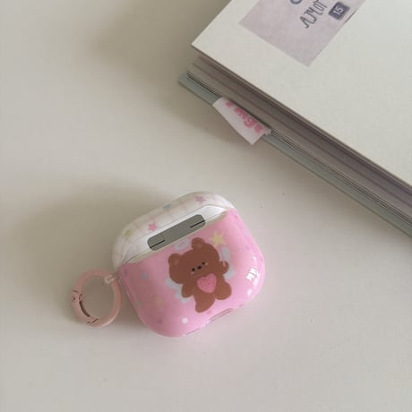 熊ちゃん Airpods Pro3ケース ピンクカラー Airpods4/3カバー pro2/pro1 リング/キーホルダー 艶感[M6669]