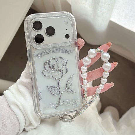 薔薇柄 iPhone18Pro/17ケース キラキララメ入り クリア iPhone16Pro/15/14ケース 真珠ストラップ 美しい[M6635]