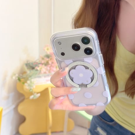 マグネット式花リングスタンド iPhone18Pro/18ProMaxケース MagSafe対応 iPhone17/16/15proケース 水玉模様[M6642