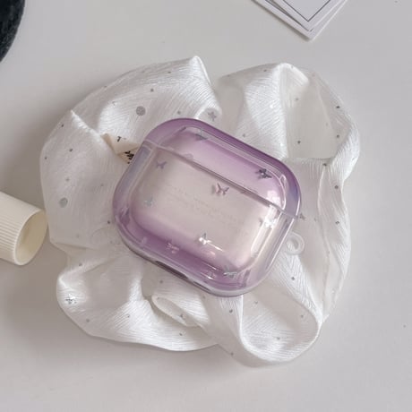 パープル Airpods Pro3ケース 蝶柄 Airpods 4/3カバーケース AirpodsPro2/1  キーホルダー付 オシャレ 高級感 [M6562]