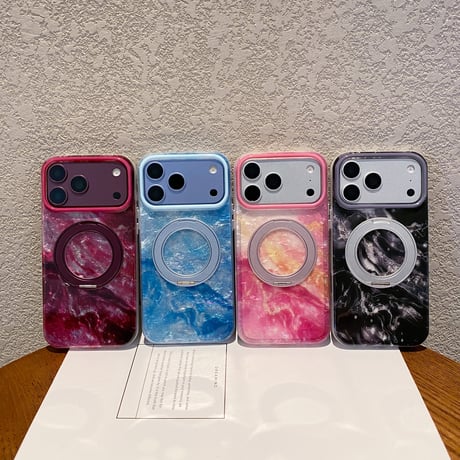マーブル柄 iPhone18Pro/18ProMaxケース グラデーションカラー マグネットリングスタンド iPhone17/16proケース 便利グッズ [M6896]
