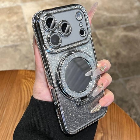 iPhone18Pro/17ケース 鏡付Magsafeリングスタンド iPhone16/15Proケース  ストーン  綺麗 多機能 コスパ最強[M3769]