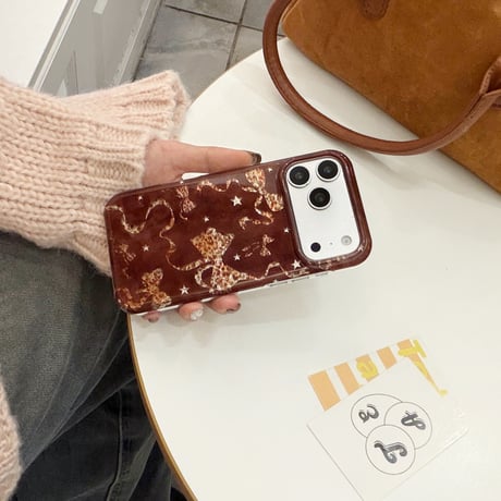 ヒョウ柄リボン iPhone18Pro/18ProMax スター ブラウン iPhone17/16/15Proカバー 大人かわいい [M6884]