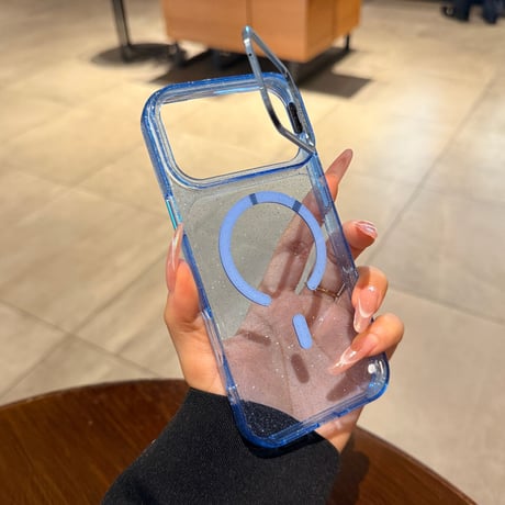 キラキラクリア MagSafe対応 iPhone18Pro/18ProMaxケース カメラスタンド付き iPhone17Pro/16ケース ラメ入り メタルフレーム[M6733]