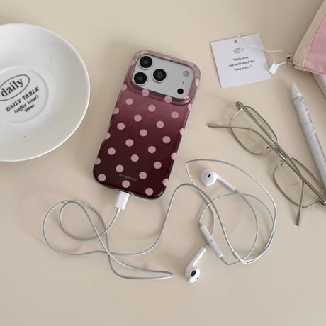 ドット柄 グラデーション iPhone18Pro/18ProMaxケース バーガンディに合う iPhone17Pro/16/15ProMaxカバー オーガンジーストラップ[M6774]