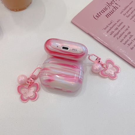艶感シェル風 Airpods Pro3ケース 蝶キーホルダー Airpods 4/3カバー  AirpodsPro2/1  ピンク プレゼントにおすすめ [M6656]
