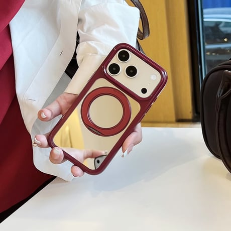 ミラー付き iPhone18Pro/18ProMaxケース リングスタンド一体型 iPhone17/16Pro/15カバー  丈夫 多機能 メイク直しも動画視聴もこれ1つ [M6873]