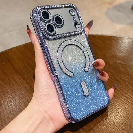 MagSafe対応 ラインストーン iPhone18Pro/18ProMaxケース グラデーションラメ iPhone17Pro/16ケース カメラ保護レンズ一体型 [M6816]
