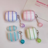 Airpods 5 対応ケース ストライプ  Airpodspro3/2/カバー Airpods4/3 カラビナ/ビーズチャーム付き パステルカラー[M6823]