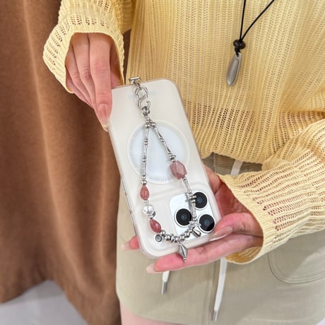クリスタル瑪瑙 スマホストラップ 天然真珠 高品質 高級感バックチャーム キーホルダー iPhone、Xperia、AQUOS、Xiaomi、Galaxy 対応 [M6681]