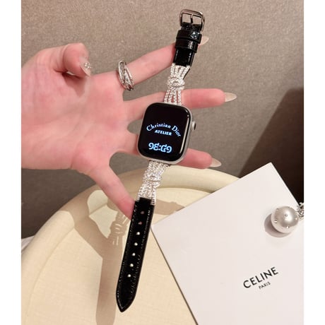ダイヤリボンとレザー  AppleWatchバンド 高級感高品質 AppleWatchベルト Series 11/10/9/8 SE3/2  Ultra3/2/1 エレガント[M6666]