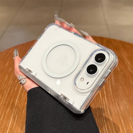 スタンド機能付き iPhone Duoケース MagSafe対応 クリア高透明  耐衝撃 ヒンジ保護 ハイブリッド構造 黄ばみにくい[M6858]