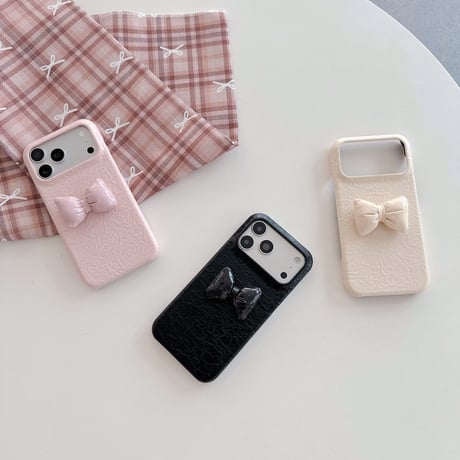 ぷっくりリボン iPhone18Pro/18ProMaxケース レザー調 iPhone17/16proケース くすみカラー シワ加工 高級感[M6861]