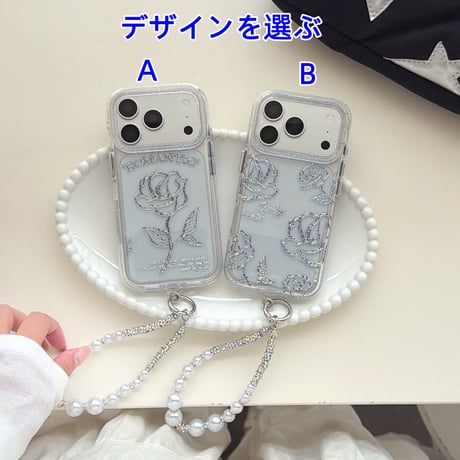 薔薇柄 iPhone18Pro/17ケース キラキララメ入り クリア iPhone16Pro/15/14ケース 真珠ストラップ 美しい[M6635]