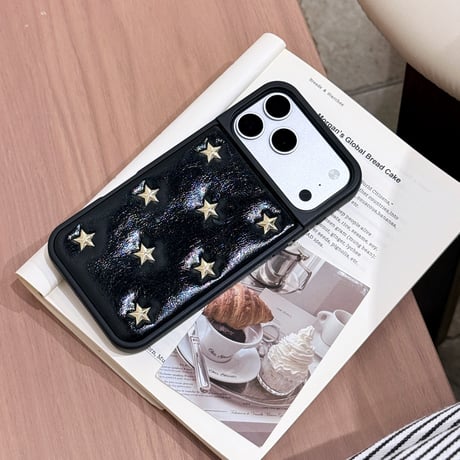 ハート＆スター レザー調 iPhone18Pro/18ProMaxケース 立体メタルモチーフ付き iPhone17Pro/16/15カバー 高級感溢れる [M6756]