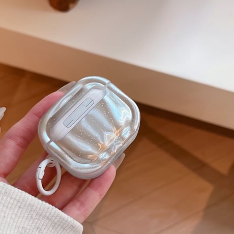 Airpods 5ケース オーロラクリア リボン柄 Airpodspro3/2/カバー 大人可愛い Airpods4/3  ラメ入り・リング付き[M6842]