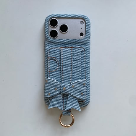 ビジューリボン iPhone18Pro/17Proケース スタンド機能 カード収納リング付き iPhone16Pro/15ケース レザー調 多機能 [M6868]