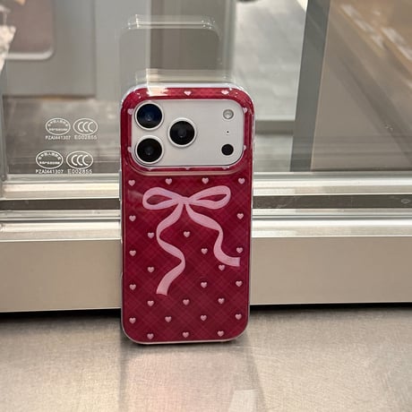 バーガンディに合う iPhone18Pro/18ProMaxケース リボン／ハート柄  チェック柄 オトナ可愛い iPhone17/16/15Proカバー  大人ガーリー[M6849]