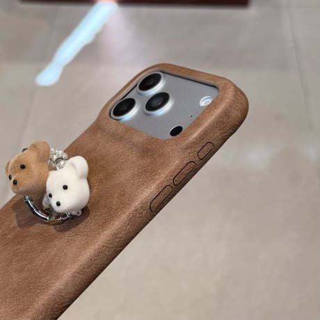 熊ちゃんパールリング付き iPhone18Pro/18ProMaxケース レザー調 iPhone17Pro/16/15カバー ヴィンテージライク 大人可愛い[M6837]