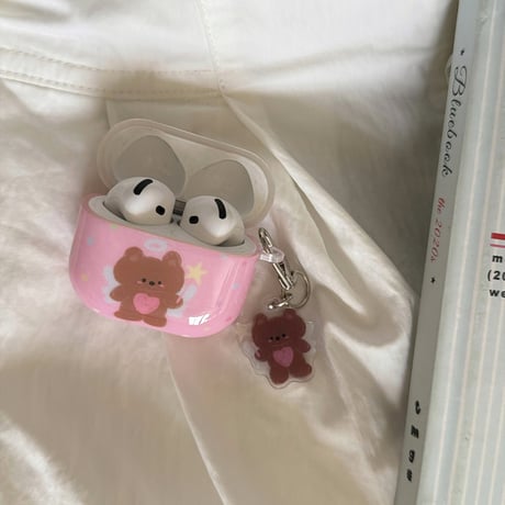 熊ちゃん Airpods Pro3ケース ピンクカラー Airpods4/3カバー pro2/pro1 リング/キーホルダー 艶感[M6669]