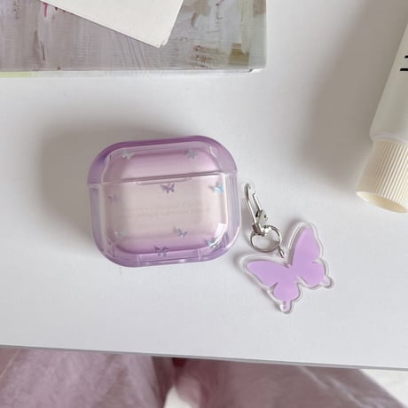 パープル Airpods Pro3ケース 蝶柄 Airpods 4/3カバーケース AirpodsPro2/1  キーホルダー付 オシャレ 高級感 [M6562]