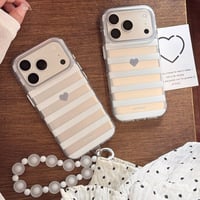 ハート柄と縞模様 iPhone17pro/17ケース ストラップ iPhone16/15pro/17promaxケース 日常/旅行に合う 女子力高い[M6547]