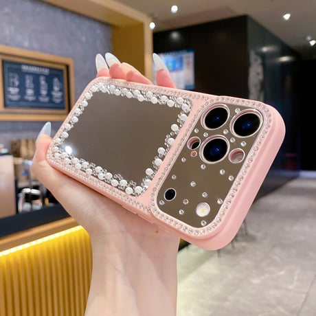真珠とジュエリーデコ ミラー iPhone17pro/17ケース カメラ保護 iPhone16promax/15/14/13proカバー カラーフレーム きれい[M6570]