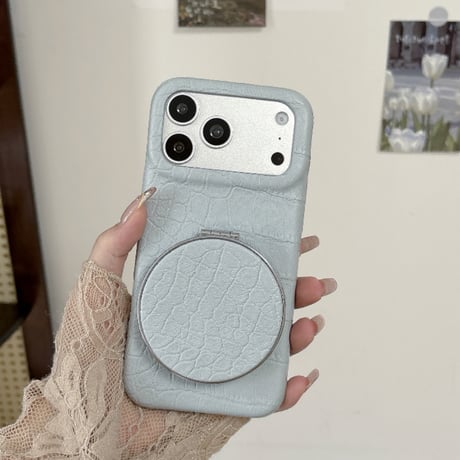 ミラー＆スタンド付き iPhone18Pro/17Proケース クロコ柄レザー iPhone16Pro/15ケース くすみカラー 高級感たっぷり 1台2役 [M6867]