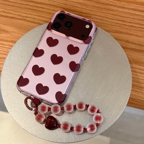 ドット＆ハート柄 iPhone18Pro/18ProMaxケース 艶感 iPhone17Pro/16ProMaxカバー ビーズハンドストラップ [M6900]