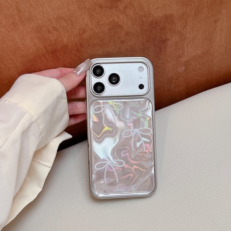 オーロラカラーリボン柄 iPhone18Pro/18ProMaxケース 輝く iPhone17/16proケース メタリックフレーム 丈夫[M6857]