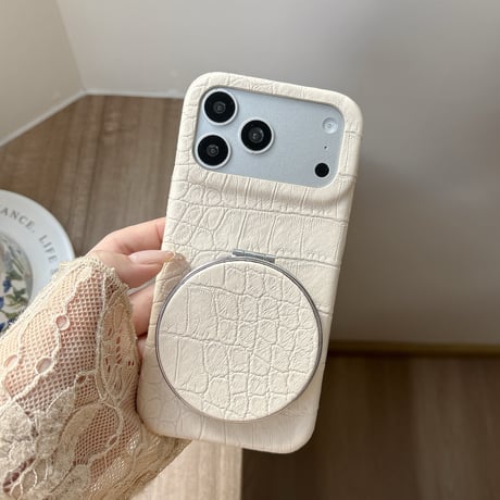 ミラー＆スタンド付き iPhone18Pro/17Proケース クロコ柄レザー iPhone16Pro/15ケース くすみカラー 高級感たっぷり 1台2役 [M6867]