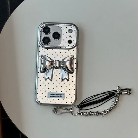 メッキリボン iPhone17pro/17ケース 水玉模様 iPhone16/15promax/14ケース 可愛いストラップ オシャレ[M6584]