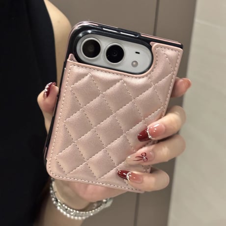 iPhone Duo専用ケース キルティング手帳型 レザー製調 カードポケット・クリア窓付き 菱形 便利 [M6848]