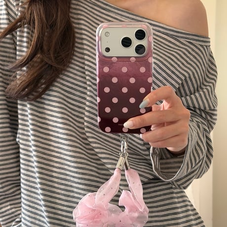 ドット柄 グラデーション iPhone18Pro/18ProMaxケース バーガンディに合う iPhone17Pro/16/15ProMaxカバー オーガンジーストラップ[M6774]