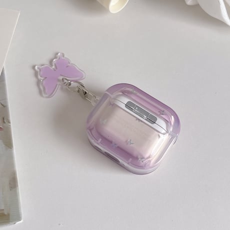 パープル Airpods Pro3ケース 蝶柄 Airpods 4/3カバーケース AirpodsPro2/1  キーホルダー付 オシャレ 高級感 [M6562]