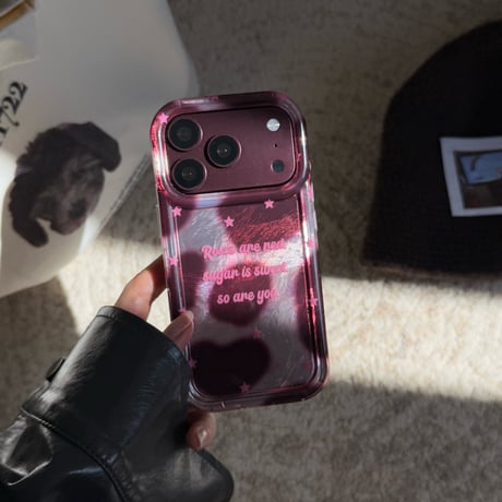 バーガンディハート柄 iPhone18Pro/18ProMaxケース キラキラ感 iPhone17Pro/16/15ProMaxカバー オーガンジーストラップ[M6786]