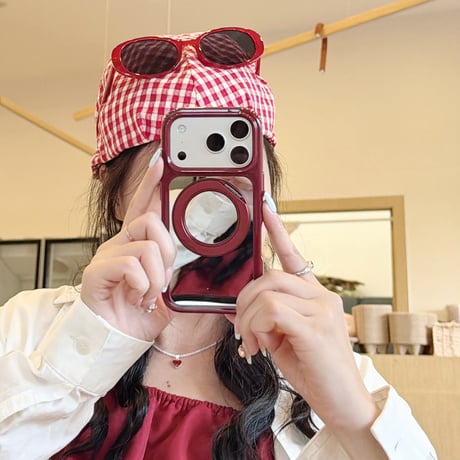 ミラー付き iPhone18Pro/18ProMaxケース リングスタンド一体型 iPhone17/16Pro/15カバー  丈夫 多機能 メイク直しも動画視聴もこれ1つ [M6873]