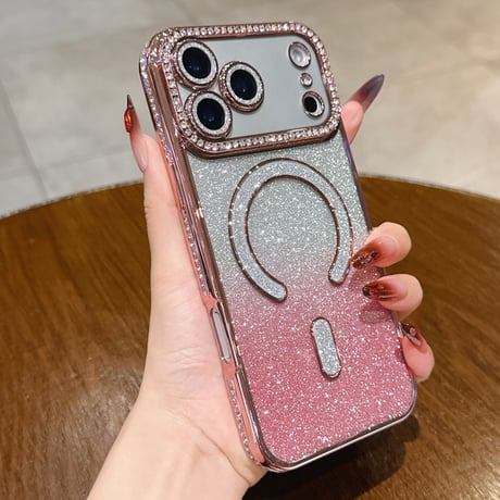 MagSafe対応 ラインストーン iPhone18Pro/18ProMaxケース グラデーションラメ iPhone17Pro/16ケース カメラ保護レンズ一体型 [M6816]
