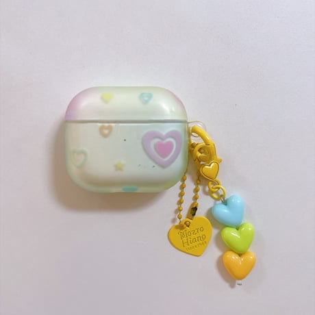パステルハート Airpods Pro3ケース マット半透明 Airpods4/3カバー pro2/pro1 カラフルハートチャーム・カラビナ付き[M6737]